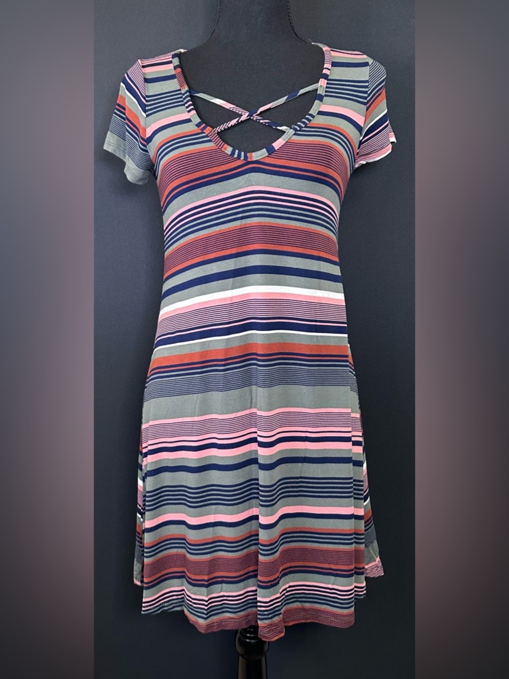 #150-‎ Socialite Striped Crisscross V-Neck Midi Dress in Pink, Navy & Olive